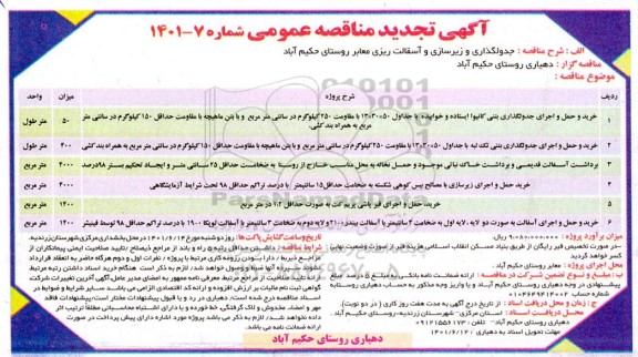 مناقصه خرید و حمل و اجرای جدول گذاری بتنی کانیوا ایستاده..تجدید 