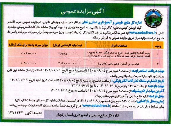 مزایده عمومی چوب آلات و گیاه آویشن کوهی محلی (کاکوتی)