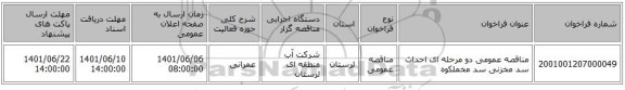 مناقصه، مناقصه عمومی دو مرحله ای احداث سد مخزنی سد مخملکوه
