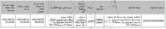 مناقصه، مناقصه عمومی یک مرحله ای انتقال نیرو و برقرسانی(نیرورسانی) در محدوده امورتوزیع برق منطقه 3 شیراز(152-01)