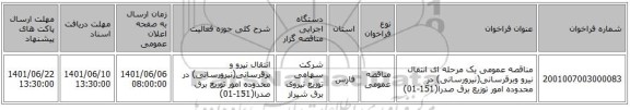 مناقصه، مناقصه عمومی یک مرحله ای انتقال نیرو وبرقرسانی(نیرورسانی) در محدوده امور توزیع برق صدرا(151-01)