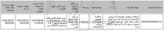 مناقصه، مناقصه عمومی همزمان با ارزیابی (یکپارچه) دو مرحله ای خرید انواع کلمپ های کابل خودنگهدار فشار ضعیف و رابط 1 به 4 به تعداد 14870 عدد