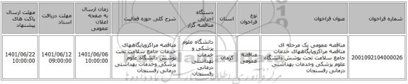 مناقصه، مناقصه عمومی یک مرحله ای مناقصه مراکزوپایگاههای خدمات جامع سلامت تحت پوشش دانشگاه علوم پزشکی وخدمات بهداشتی درمانی رفسنجان