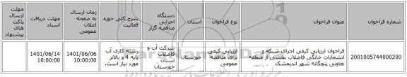 مناقصه، فراخوان ارزیابی کیفی اجرای شبکه و انشعابات خانگی فاضلاب بخشی از منطقه تعاونی پنچگانه شهر اندیمشک