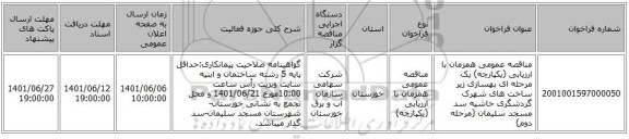 مناقصه، مناقصه عمومی همزمان با ارزیابی (یکپارچه) یک مرحله ای بهسازی زیر ساخت های شهرک گردشگری حاشیه سد مسجد سلیمان (مرحله دوم)