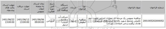 مناقصه، مناقصه عمومی یک مرحله ای عملیات اجرایی اولویت دوم تکمیلی مجتمع شهید بالازاده (روستاهای مشهدلو ، هادی بیگلو و برخی اصلاحات موردی)