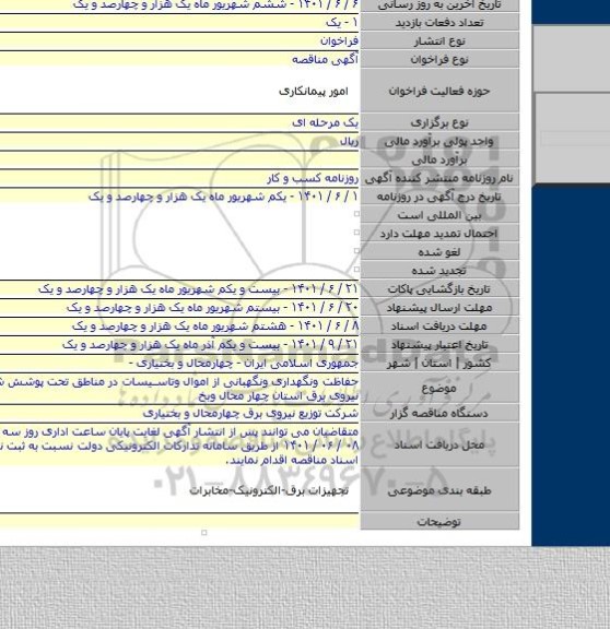 مناقصه, حفاظت ونگهداری ونگهبانی از اموال وتاسیسات در مناطق تحت پوشش شرکت توزیع نیروی برق استان چهار محال وبخ