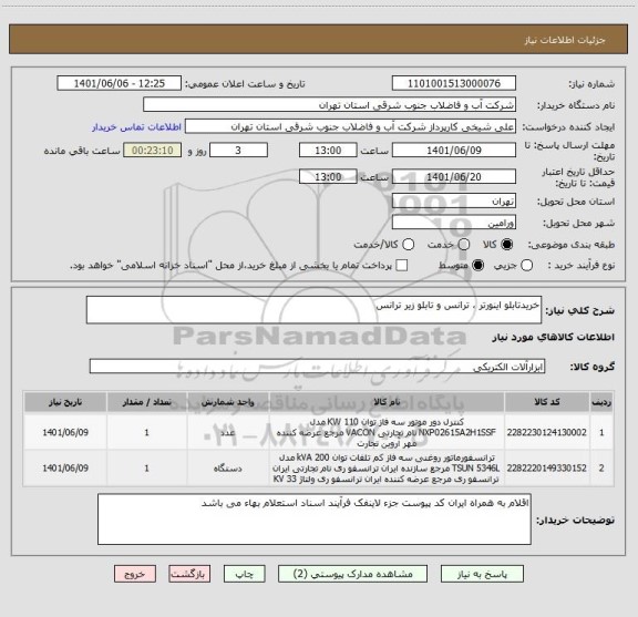 استعلام خریدتابلو اینورتر ، ترانس و تابلو زیر ترانس
