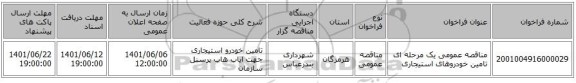 مناقصه، مناقصه عمومی یک مرحله ای تامین خودروهای استیجاری
