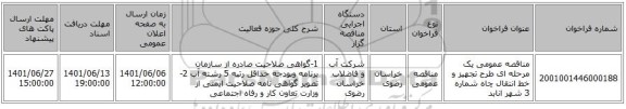 مناقصه، مناقصه عمومی یک مرحله ای طرح تجهیز و خط انتقال چاه شماره 3 شهر انابد