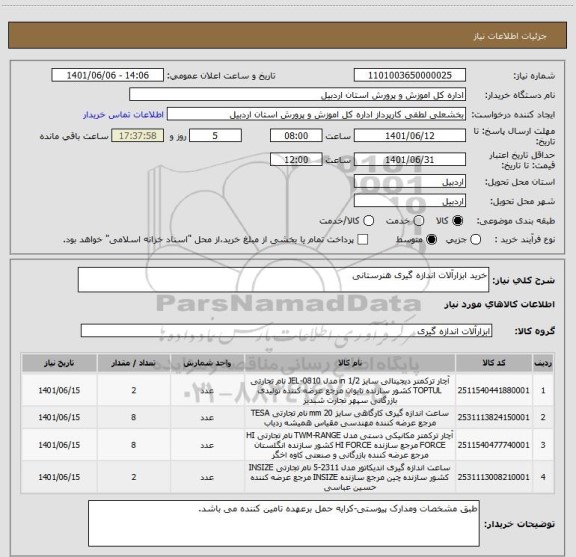 استعلام خرید ابزارآلات اندازه گیری هنرستانی