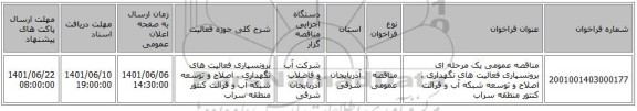 مناقصه، مناقصه عمومی یک مرحله ای برونسپاری فعالیت های نگهداری ، اصلاح و توسعه شبکه آب و قرائت کنتور منطقه سراب