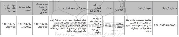 مناقصه، مناقصه عمومی یک مرحله ای چمن زنی و آرایش چمن در سطح فضای سبز منطقه یک شهرداری دزفول