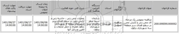 مناقصه، مناقصه عمومی یک مرحله ای چمن زنی و آرایش چمن در سطح فضای سبز منطقه سه شهرداری دزفول