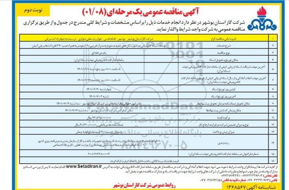 مناقصه طرح توسعه شبکه گازرسانی نوبت دوم 
