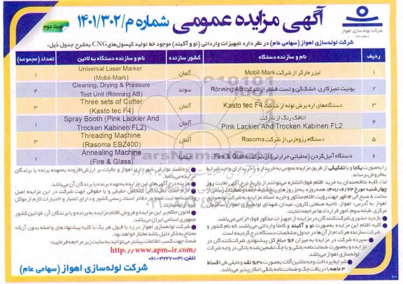 مزایده فروش تجهیزات (نو و آکبند) موجود خط تولید کپسول های cng - نوبت دوم