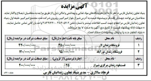 مزایده اجاره فروشگاه های مواد غذایی و بهداشتی و اماکن