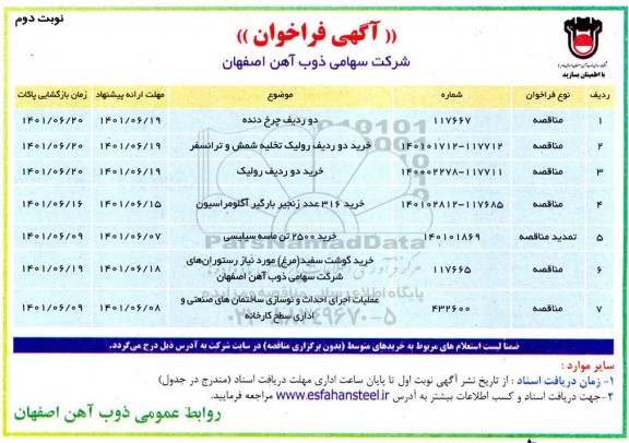 فراخوان مناقصه دو رديف چرخ دنده...- نوبت دوم 
