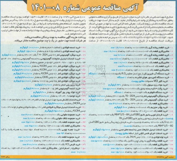 مناقصه  خرید قطعه ریخته گری...