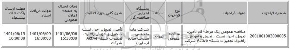 مناقصه، مناقصه عمومی یک مرحله ای تأمین، تحویل،  اجرا، تست ، تحویل و آموزش راهبری تجهیزات شبکه Active شرکت
