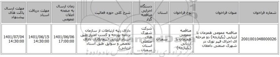 مناقصه، مناقصه عمومی همزمان با ارزیابی (یکپارچه) دو مرحله ای اجرای فیبر نوری در شهرک صنعتی دامغان
