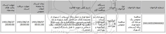 مناقصه، مناقصه عمومی یک مرحله ای جمع اوری زباله (پسماند )شهری