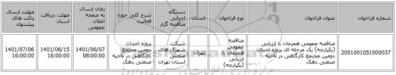 مناقصه، مناقصه عمومی همزمان با ارزیابی (یکپارچه) یک مرحله ای پروژه احداث دومین مجتمع کارگاهی در ناحیه صنعتی دهک