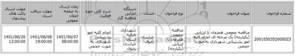 مناقصه، مناقصه عمومی همزمان با ارزیابی (یکپارچه) یک مرحله ای انجام کلیه امور پشتیبانی شهرداری به صورت حجمی