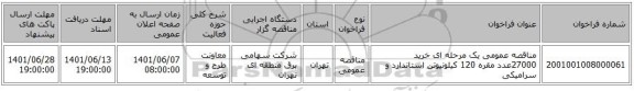 مناقصه، مناقصه عمومی یک مرحله ای خرید 27000عدد مقره 120 کیلونیوتن استاندارد و سرامیکی
