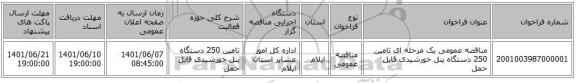 مناقصه، مناقصه عمومی یک مرحله ای تامین 250 دستگاه پنل خورشیدی قابل حمل