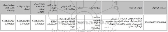 مناقصه، مناقصه عمومی همزمان با ارزیابی (یکپارچه) یک مرحله ای احداث مدرسه کمیساریای عالی پناهندگان شهرک فرهنگیان ملارد