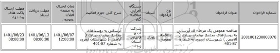 مناقصه، مناقصه عمومی یک مرحله ای آبرسانی به روستاهای مجتمع غواصان دریادل ( آلاچمن ) شهرستان ایجرود به شماره 87-401