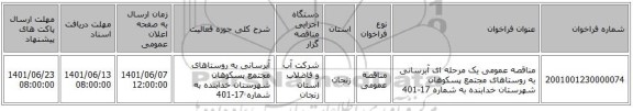 مناقصه، مناقصه عمومی یک مرحله ای آبرسانی به روستاهای مجتمع پسکوهان شهرستان خدابنده به شماره 17-401