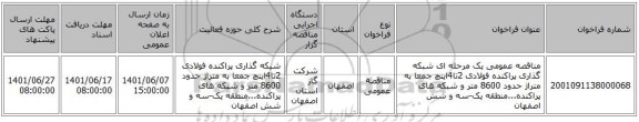مناقصه، مناقصه عمومی یک مرحله ای شبکه گذاری پراکنده فولادی 2تا4اینچ جمعا به متراژ حدود 8600 متر و شبکه های پراکنده...منطقه یک-سه و شش اصفهان