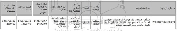 مناقصه، مناقصه عمومی یک مرحله ای عملیات اجرایی احداث شبکه جمع آوری فاضلاب مشکین شهر تکمیل اولویت سوم (قسمت ششم)