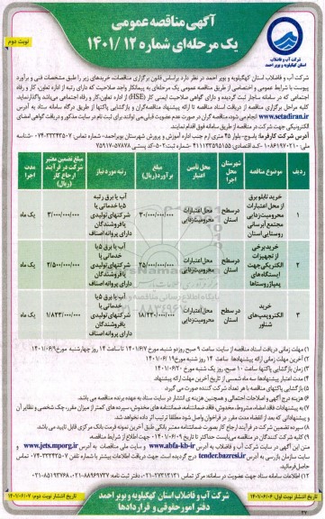 مناقصه خرید تابلو برق از محل اعتبارات محرومیت زدایی و غیره ... -نوبت دوم