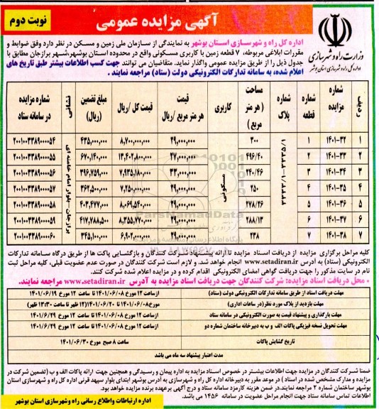 مزایده عمومی 7 قطعه زمین با کاربری مسکونی نوبت دوم