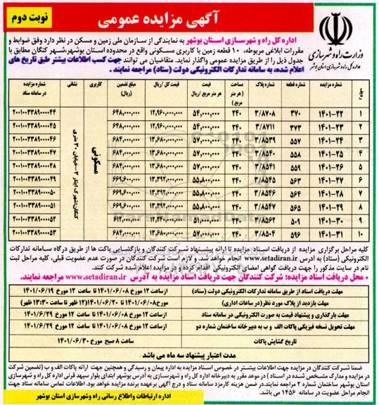 مزایده عمومی فروش 10 قطعه زمین با کاربری مسکونی - نوبت دوم