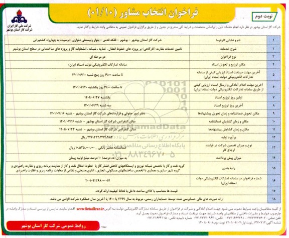 مناقصه تامین خدمات نظارت (کارگاهی ) بر پروژه های خطوط انتقال ، تغذیه- نوبت دوم