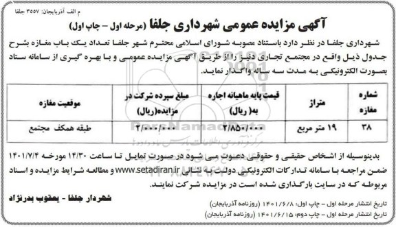 مزایده اجراه یک باب مغازه
