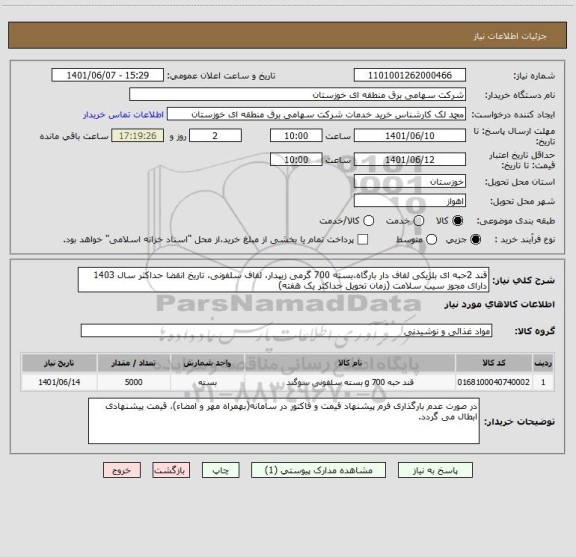استعلام قند 2حبه ای بلژیکی لفاف دار بارگاه،بسته 700 گرمی زیپدار، لفاف سلفونی، تاریخ انقضا حداکثر سال 1403
دارای مجوز سیب سلامت (زمان تحویل حداکثر یک هفته)