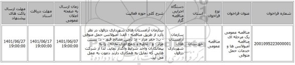 مناقصه، مناقصه عمومی یک مرحله ای مناقصه آمبولانس ها و خدمات حمل متوفی