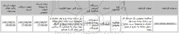 مناقصه، مناقصه عمومی یک مرحله ای زیر سازی پیاده رو و نوار حفاری و مجموعه ست بازی ،حمل نخاله به خارج از محل پروژه