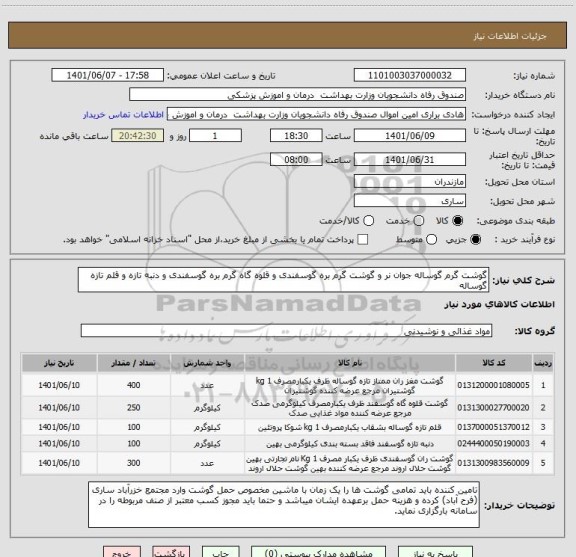 استعلام گوشت گرم گوساله جوان نر و گوشت گرم بره گوسفندی و قلوه گاه گرم بره گوسفندی و دنبه تازه و قلم تازه گوساله