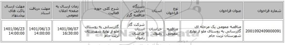 مناقصه، مناقصه عمومی یک مرحله ای گازرسانی به روستای ملو از توابع شهرستان تربت جام