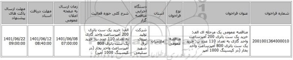 مناقصه، مناقصه عمومی یک مرحله ای الف: خرید یک ست باتری 200 آمپرساعت واحد گازی به تعداد 110 عدد ب: خرید یک ست باتری 800 آمپرساعت واحد بخار (در کیسینگ 1000 آمپر