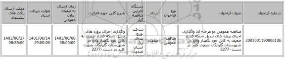مناقصه، مناقصه عمومی دو مرحله ای واگذاری اجرای پروژه های تبدیل شبکه فشار ضعیف به کابل خود نگهدار واقع در شهرستان گلپایگان بصورت کلید در دست -2277