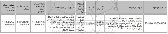 مناقصه، مناقصه عمومی دو مرحله ای تجدید مناقصه واگذاری اجرای پروژه های تبدیل شبکه فشار ضعیف به کابل خود نگهدار واقع در شهرستان  فریدونشهر بصورت کلید در دست-227