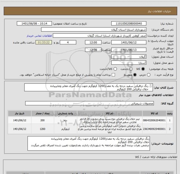 استعلام رنگ ترافیکی سفید درجه یک به مقدار1200 کیلوگرم جهت رنگ آمیزی معابر وعابرپیاده
حلال ترافیکی 200 کیلوگرم