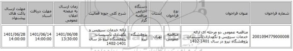 مناقصه، مناقصه عمومی دو مرحله ای ارائه خدمات سرویس و نگهداری تأسیسات پژوهشگاه نیرو در سال 1401-1402